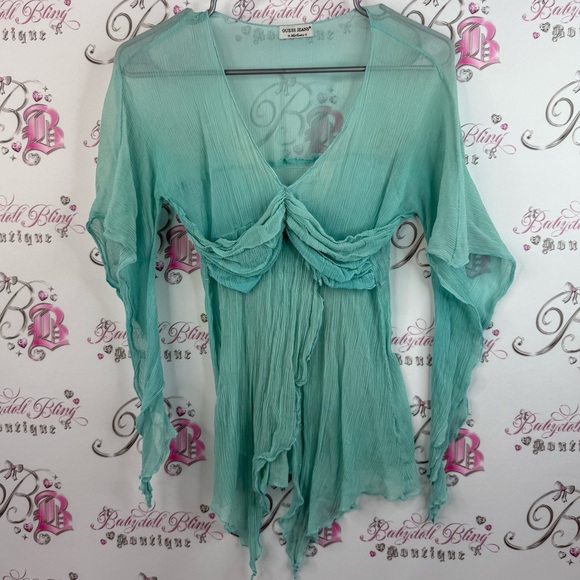 Guess Tops - Guess top y2k fairy whimsy whimsical shirt blouse Sheer Teal Long Sleeve Top